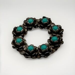 Vintage Taxco Mexico Sterling Silver  Turquoise Floral Flower Wreath Brooch